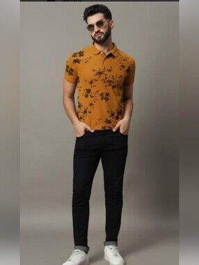 R Arhan Mustard Yellow Floral Print Fitted Polo T-shirt Tee Top XL
